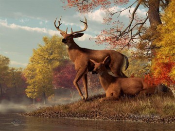 Animal Painting - ciervo en la orilla del lago de otoño